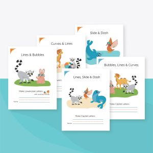 Five illustrated Letter Formation Booklets for Kindergarten feature animals like lemurs, birds, and a rabbit, with covers focused on learning letters and practicing writing lines and curves.