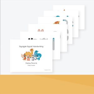 A set of five illustrated "Stroke Display Cards" featuring various animal characters, arranged in a fanned stack on a white and yellow background.