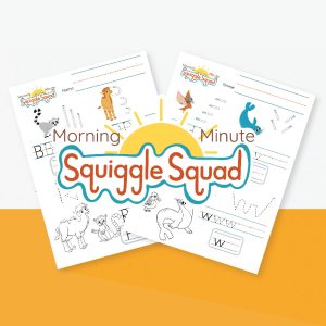 Morning Minute: Letter Review (Download) includes two children's activity sheets with animal illustrations, tracing lines, uppercase and lowercase letter review pages, and "Squiggle Squad Morning Minute" over a rising sun graphic.