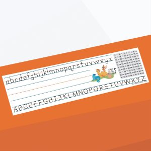 Name Desk Plates feature manuscript and cursive alphabet guides, a cheerful group of cartoon animals, and a 1–100 numbers chart on a bright orange background.