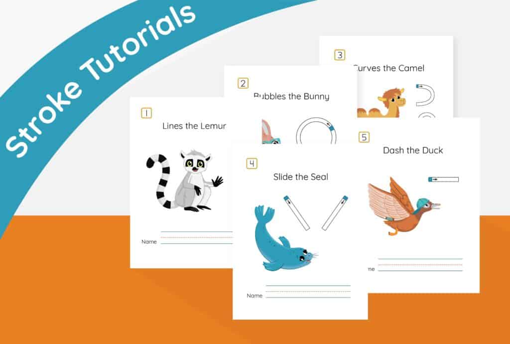 Five worksheets designed to help children practice writing strokes. Each worksheet features a different cartoon animal: lemur, bunny, camel, seal, and duck, with space to trace and write.