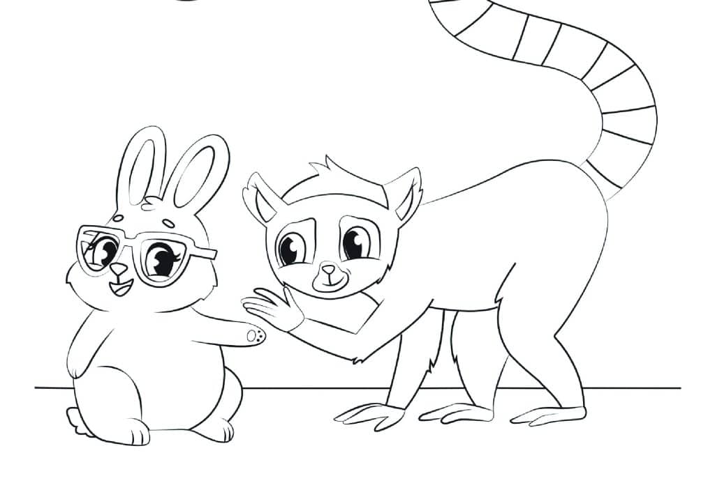 A line drawing of a cartoon rabbit wearing glasses and a ring-tailed lemur touching the rabbit's arm.