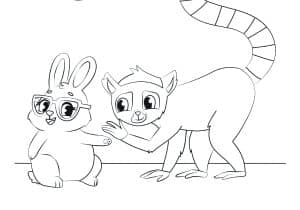 A line drawing of a cartoon rabbit wearing glasses and a ring-tailed lemur touching the rabbit's arm.
