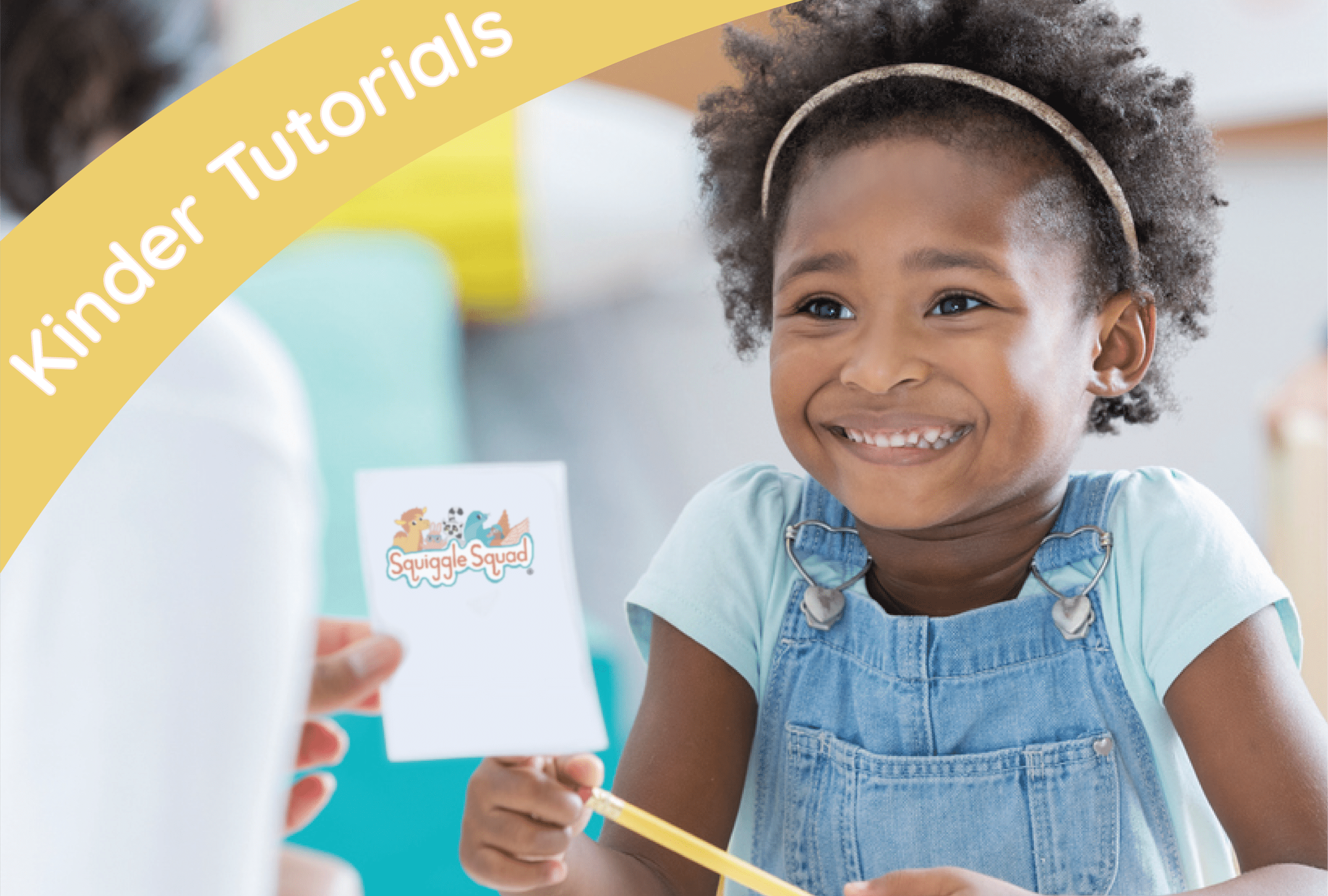 A child with curly hair, wearing a light blue shirt and denim overalls, smiles while holding a card with the "Squiggle Squad" logo. A person in the foreground reaches toward the child. Text: "Kinder Tutorials.
