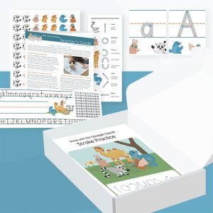 The Comprehensive Classroom Kit: Next Level Learning 1 is displayed in an open white box with activity sheets, a teacher’s guide, alphabet cards, a lowercase alphabet strip, and a workbook to help students master letter and number formation.