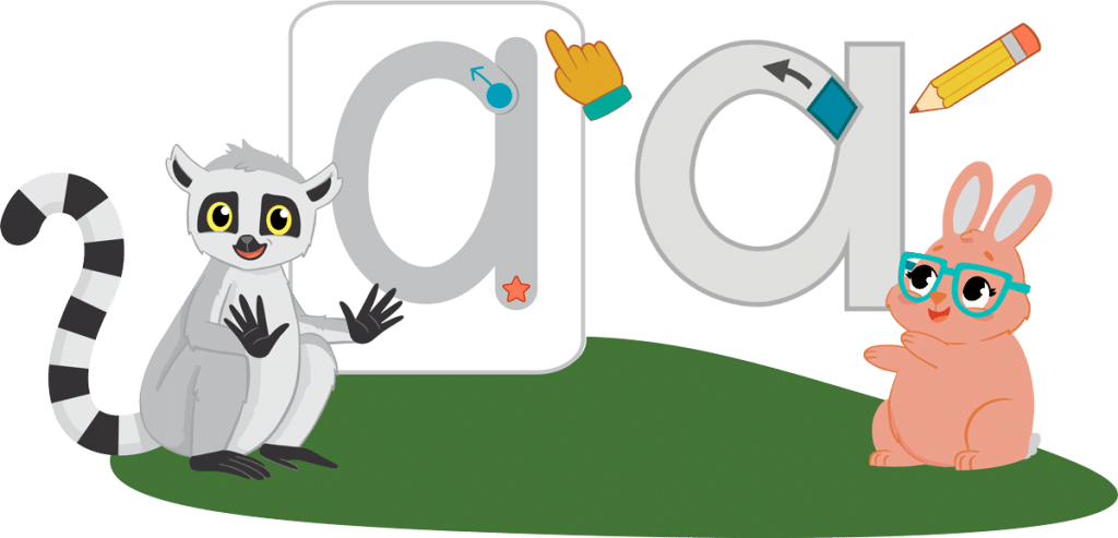 A lemur and a rabbit sit on grass beside two large illustrated lowercase letters 'a' and 'd'. A pointing hand and a pencil are above the letters.