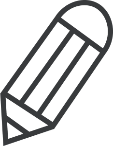 Simple black and white outline of a pencil icon, featuring a rounded eraser end and a sharpened tip.