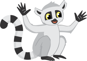 Illustration of a cheerful cartoon lemur with wide eyes, a striped tail, and raised arms.