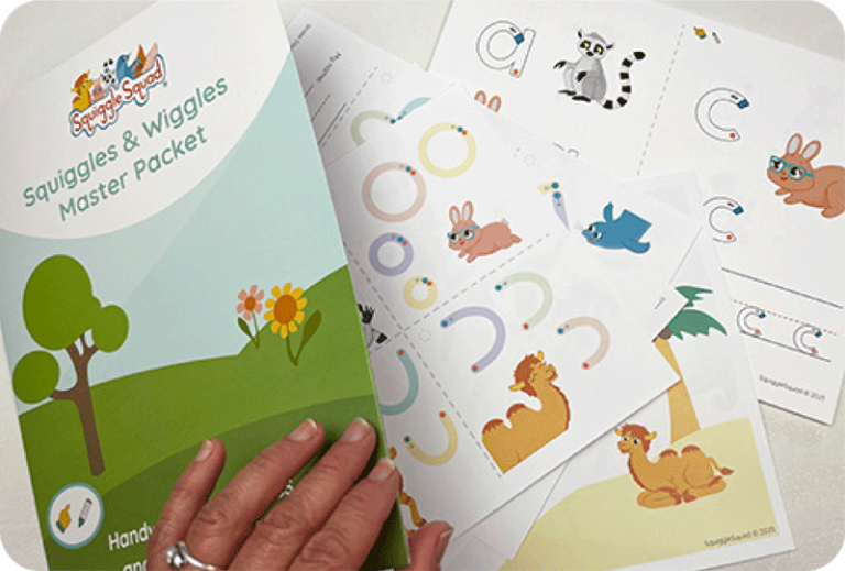 A hand holds a booklet titled "Squiggles & Wiggles Master Packet" next to animal-themed activity worksheets featuring bunnies, lemurs, birds, and camels.